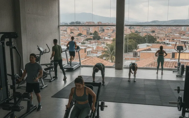 Interior de un gimnasio con personas entrenando