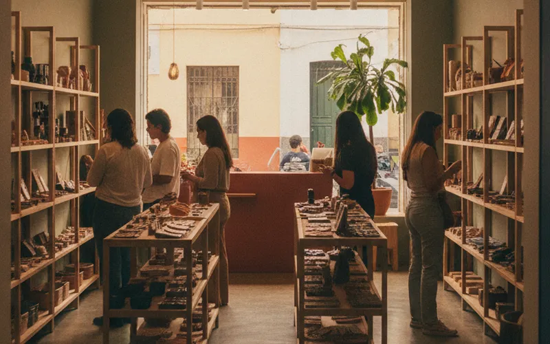 Interior de una tienda con clientes